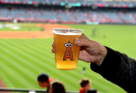 Murray Westrich holds up a glass of Hoegaarden beer at the Shock Top Brew Pub before an Angel game against San Diego on Memorial Day. ///ADDITIONAL INFORMATION: food.hodg.angels.0528 Ð 5/25/15 Ð BILL ALKOFER, - ORANGE COUNTY REGISTER -  Anaheim's Angel Stadium now sells alcohol for even the most discerning palate, though its wine list still leaves room for improvement.